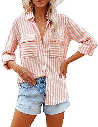 Zitiki Blusa Elegante de Rayas para Mujer, Cuello en V, Informal, Manga Larga, para Oficina, Trabajo, Tops con Bolsillo, Rosa, XL