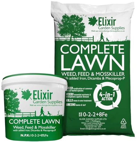 Elixir Gardens UK COMPLETE LAWN Weed, Feed & Mosskiller 10-2-2+8Fe | 4-in-1 Turf & Grass Fertiliser/Feed with Added Iron, Dicamba & Mecoprop-P | 640 Square Meters Coverage | 20kg Tub