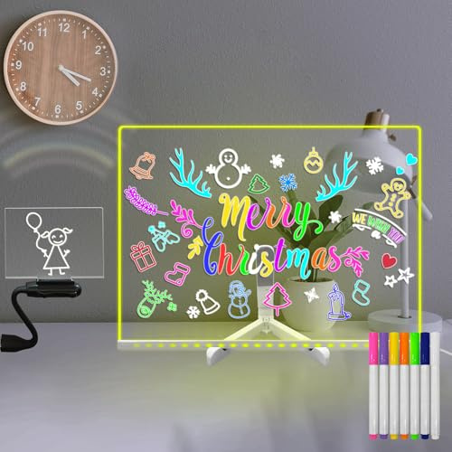 Masshomi 30 * 40CM Pizarra acrílica de borrado en seco con soporte 7 marcadores de color DIY Nota de mensaje regrabable Tablero transparente Letrero de neón Luz nocturna de atenuación para niños