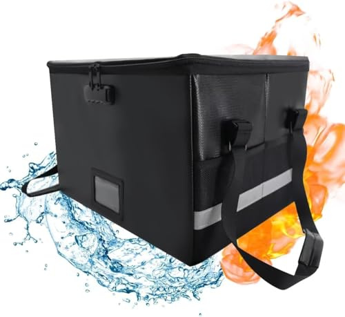 Hodufy Large Lockable Fireproof File Box(400 x 310 x 260mm), Waterproof Fireproof File Box with Lock & Handle & Reflective Strip, Collapsible Storage Box for Document Bag/Hanging Letter/Legal Folder
