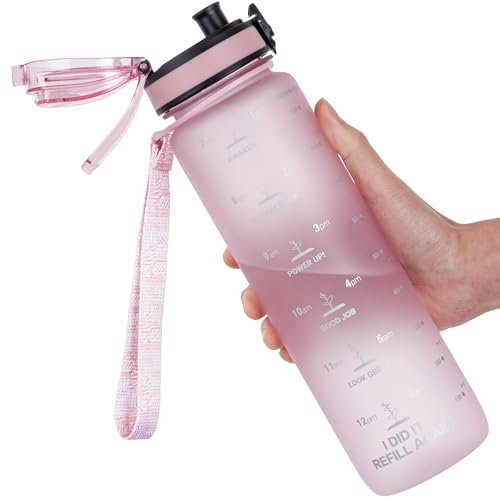 GOPPUS 1L/32oz Tritan Water Bottle (No Straw)-Soft Matte Finish Drink Bottle with Measurements Bottles with Lockable Flip Top Motivational Bottles with Time Marks for Adults BPA Free (Pink)