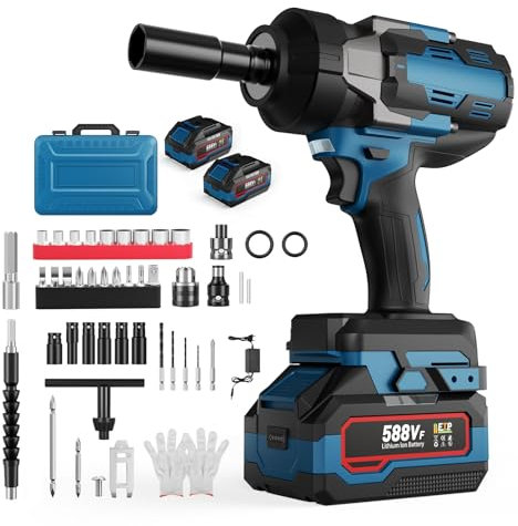 Tnamdan Pistola de impacto bateria 1500N 1/2'' Llave de impacto 3 velocidades ajustables Llave de impacto a bateria 2 x 3000 mAh LED incorporada Motor sin escobillas Pistola de impacto