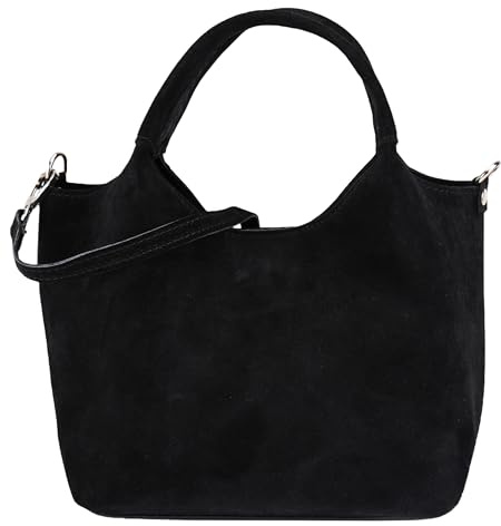 SH Leder Damen Handtasche aus echtem Wildleder Beuteltasche mit Schultergurt und Innentasche Elegante Henkeltasche Crossbody Tasche für Alltag & Büro 28x18cm Alesia W688 (Schwarz)