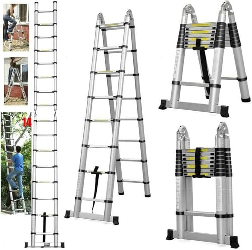 Teleskopleiter Klappleiter Aluminium, 5M (2,5 + 2,5 m) Ausziehbare Leiter, Rutschfester Aluleiter Stehleiter Mehrzweckleiter Aluminiumleiter, Teleskop Ausziehleiter 150kg Belastbarkeit