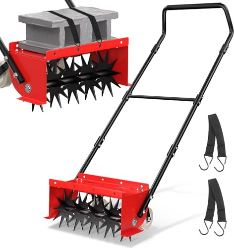 VASALAID Rolling Lawn Aerator, Heavy Duty Manual Push Lawn Aerator Tool with Adjustable Wheels,Rotary Spike Aerator for Lawn Aeration