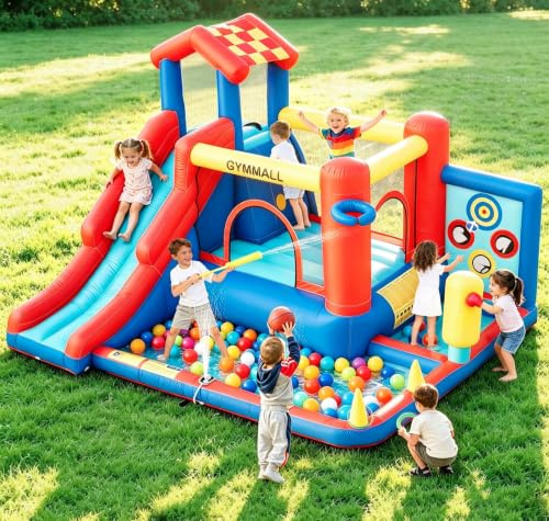 GYMMALL Castello Gonfiabile per Bambini – Gioco Multifunzione 8 in 1 con Scivolo, Parete da Arrampicata, Trampolino e Ventilatore 370W, Ideale per Uso Interno ed Esterno