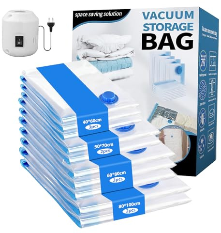 Dcceeo Sac Sous Vide Vetement Aspirateur avec Pompe Électrique, 10 Pièces (2XL/3L/2M/3S) Sac Rangement Sous Vide Aspirateur Réutilisation Sac de Rangement Sous Vide pour Vêtements, Couettes, Voyages