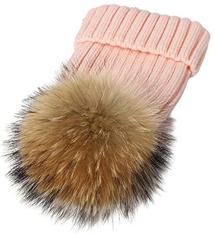 feifanshop Bonnet d'hiver en fourrure véritable raton laveur fourrure pompon en tricot pour femme, Rose, taille unique