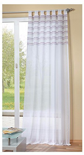 Home Fashion Schlaufenschal Leinenstruktur mit Lila/Beere Streifen Bestickt| Leinenoptik Gardine BxH 140x245cm | Vorhang mit 7 Schlaufen | Dekoschal