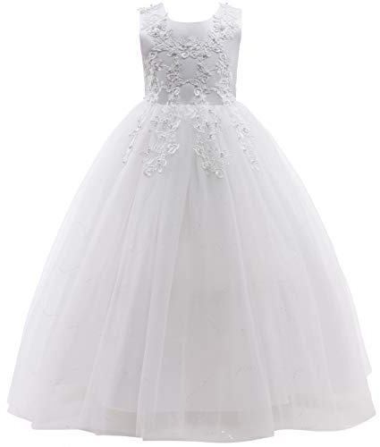 Weileenice White Flower Girl Tulle Dress 6 7 Toddler Girls Communion Baptism Pageant Princess Wedding Party Lace Maxi Dresses Evening Toddler Rustic Bridesmaid Recital Ballgowns School Dance