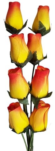 Homestreet Rosas de madera en muchos colores – 8 tallos individuales de rosas atados en un ramo – Expositor de flores pequeñas de calidad (punta amarilla/roja)