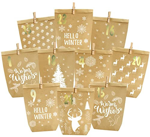 PANSIBY Adventskalender zum Befüllen, 24 Weihnachtskalender Geschenk Papiertüten Groß zum Selber Befüllen, Kraftpapiertüten Advents Tüten Selbstbefüllen mit Aufkleber für Kinder & Erwachsene