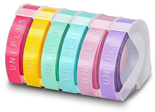 UniPlus 6-Rollen Kompatible Etikettenband Ersatz für Dymo Prägeband Helle Farbe 3D-Etikettenband 9 mm x 3 m für Dymo Omega Home Junior Organizer Xpress Pro Office-Mate II Motex E-101 E-303 Embosser