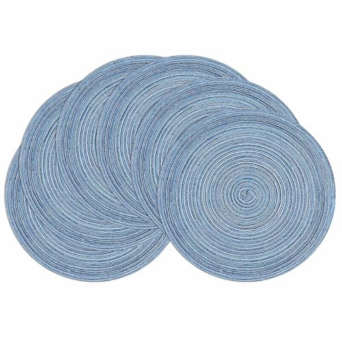 SHAOCS Woven Round Placemats Set of 6, Heat Insulation Braided Dinner Table Mats Washable Dining Table Place Mats for Kitchen Hotel Wedding Party, Blue
