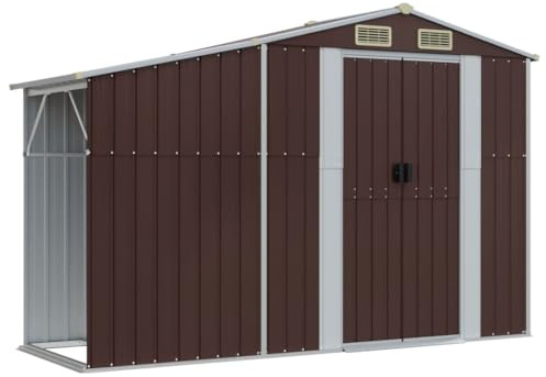 vidaXL Gerätehaus, Geräteschuppen mit Kaminholzregal, Garten Schuppen mit Schrägdach, Gartenhaus Metallschuppen, Braun Verzinkter Stahl