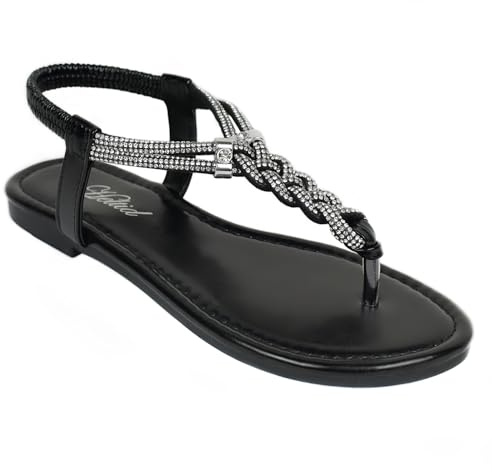 Heltid Women's Rhinestone Thong Flat Sandals Elastic Ankle Strap Bohemian Dressy Sandals for Women Black Size 6 M US