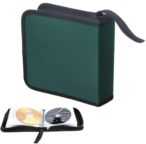 NUWIQ CD DVD Cases for Storage: Green CD Wallet with 40 Capacity Hard Plastic Sleeves for Discs - Portable Holder Carrying Albums and Games for Car Home Travel
