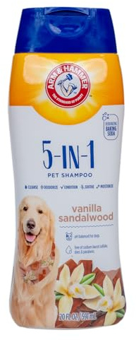 Arm & Hammer for Pets 5-in-1 Dog Shampoo with Conditioner, Deodorizing Oatmeal Dog Shampoo with Aloe, Shea Butter, Baking Soda and Coat Care, Vanilla Sandalwood Scent, 20 Fl Oz