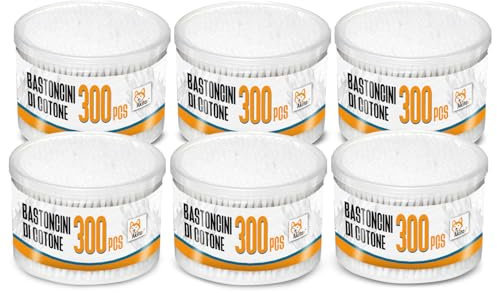 Akitaink - Bastoncini Cotonati Biodegradabili,1800 Pz Cotton fioc plus in 100% Cotone Puro, 6 Confezioni da 300 pz, Delicati sulla Pelle