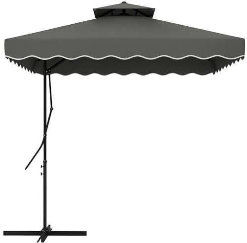 Outsunny Sombrilla Terraza Exterior de 2,5 m Sombrilla Voladiza con Manivela Techo Doble con Borde Ondulado y Base Cruzada Parasol de Jardín para Exterior Patio Terraza Gris Oscuro