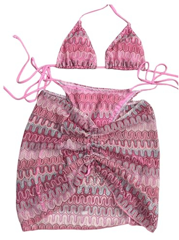 GORGLITTER Women's 3 Piece Swimsuit Graphic Halter Triangle String Tie Bikini Set with Coverup Skirt Swimwear Pink Medium
