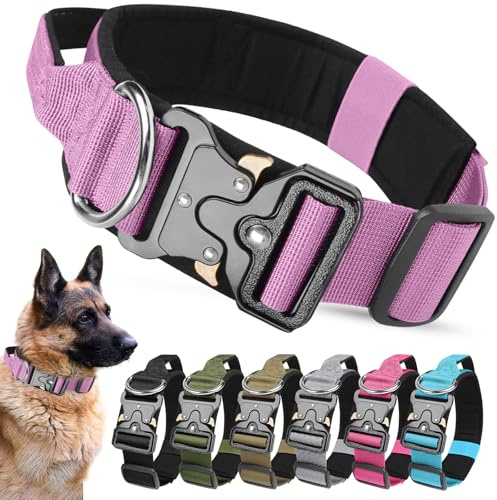 AKOFIC Collar Táctico Perro con Mango de Control, Ajustable Collar Perro de Nailon Acolchado con Hebilla de Metal para Perros Medianos de Grandes Caza Al Aire Libre Entrenamiento (Morado, L)