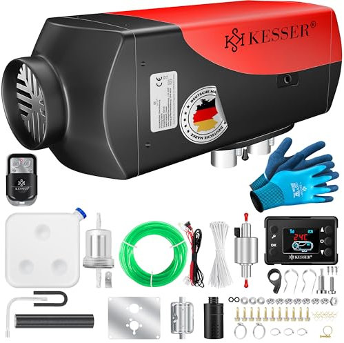 KESSER® Standheizung Diesel 8kW Dieselheizung 12V/24V mit Timer, LCD-Display & Fernbedienung | Schnelles Aufheizen | Lufterhitzer mit Schalldämpfer & Thermostat (Rot, 8KW)