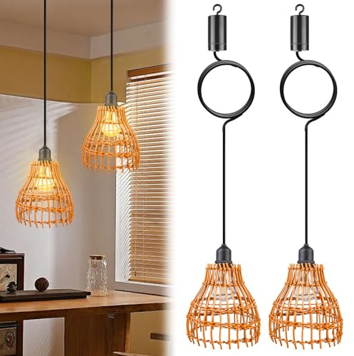 PORFOYO LámparaS Colgante De RatánS Vintage,2 Piezas E27 Lámpara Colgante Ratán Con Control Remoto,Lámpara De Ratán Bohemia,Boho Vintage Luz De Techo Para Patio Bar Jardín Terraza Sala Dormitorio