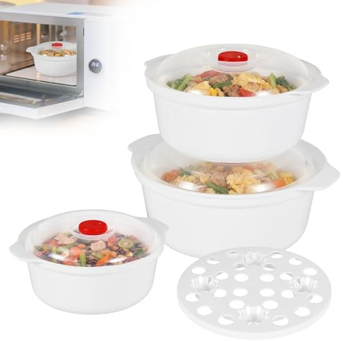 Ghshanog Set of 3 Microwave Food Containers,Microwave Bowls with Vented Lids,Plastic Soup Bowls with Steam Rack,3 Sizes Deep Bowl Set for Serving Oatmeal,Cereal,Salad,Soup,Noodle