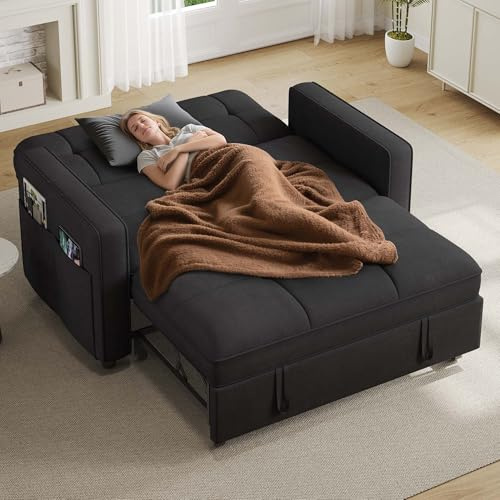 YITAHOME 3-in-1 Convertible Sofa Bed, Modern Loveseat Sleeper with Pull-Out Chaise, USB Charging Ports, Side Pockets, Compact Sofa for Living Room, Bedroom, Apartment, Black