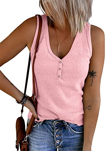Tuopuda Débardeur Femme Haut Chic col en V Débardeurs Décontracté T-Shirts sans Manche Chemises Boutonné en Tricot Côtelé Gilet Sexy Printemps Eté Tunique Crop Tops