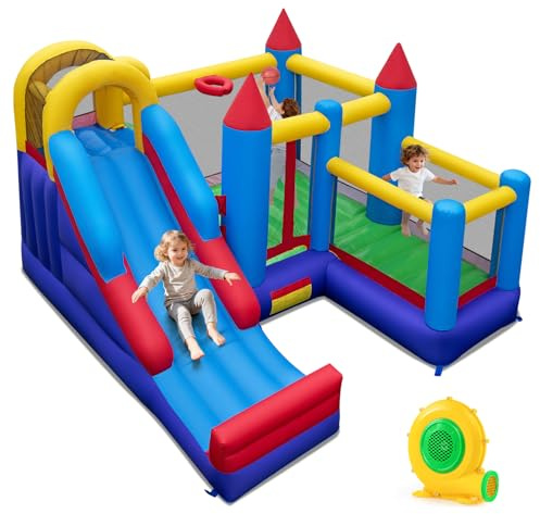 GOPLUS Hüpfburg mit Rutsche, Basketballkorb, & Kletterwand, aufblasbares Schloss mit 680W Gebläse, Tragetasche, Bouncy Castle, Kinderhüpfburg Hüpfschloss für Kinder von 3-12 Jahren, 340 x 335 x 233 cm