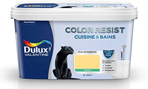 Dulux Valentine Color Resist - Peinture Intérieure Pièces Humides - Pour Murs, Plafonds, Boiseries - Lessivable et Résistante - Couleur : Jaune Frais Satin - 2 L - 5262095