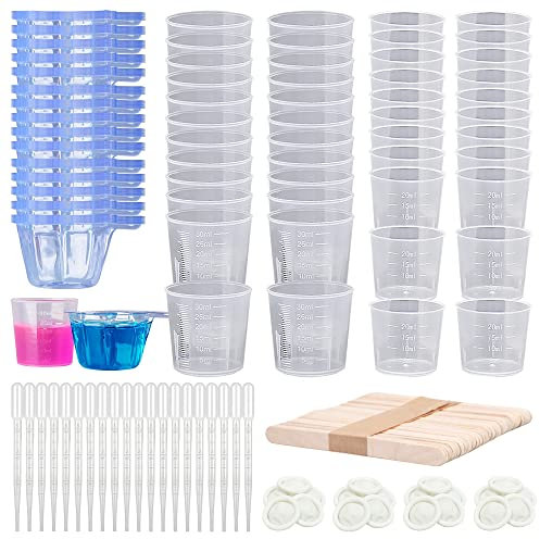Woohome 280 Stück Kunststoff Messbecher für Harz, 3 Stil Messbecher aus Kunststoff für Harz mit Kunststoffpipetten, Holzstäbchen für Epoxidharz, Farbmischen, Schmuckherstellung (Style 1)