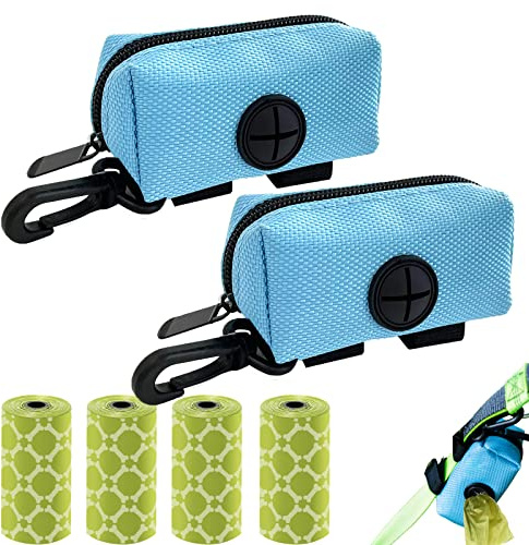 (2 Pack) Dog Poop Bag Holder for Leash Attachment with 80 Bags- Waterproof Dispenser with Carabiner, Hands-Free Design for Car Travel, Park Walk & Camping Trips, Fits All Leashes, Blue