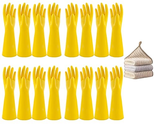 Vsootal 8 Pairs Reusable Household Cleaning Gloves, Rubber Kitchen Dishwashing Gloves,Extra Thickness, Long Sleeves, for Washing Dishes, Pet Care(Medium, Yellow)