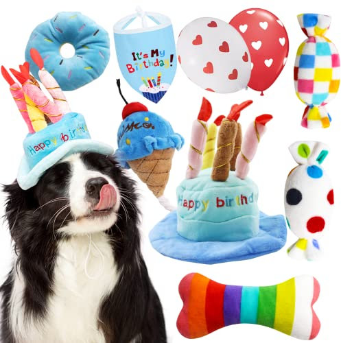 lilfrd Hundespielzeug-Set, 9-teilig, Plüsch-Haustierspielzeug für kleine Hunde, inklusive quietschendem Kuchenhut, Bandana, Dessert-Themen-Spielzeug, Luftballons, für Hundegeburtstagsfeier