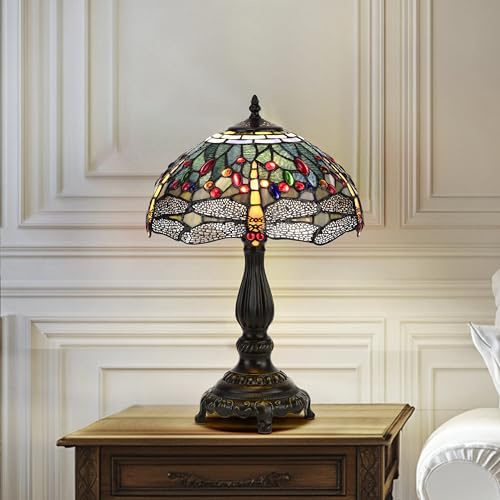BELOFAY Tiffany Lamps, Stained Glass Handmade Tiffany Vintage Bedside Table Lamps for Living Room, Bedroom, and Lounge 12 Inches Wide, 18 Inches Complete Height (Yellow Dragonfly Tiffany Table Lamp)