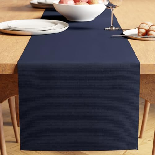 Encasa XO Yarn Dyed Cotton Table Runner, Fine Ribbed 32x200 cm Blue | 12-Ply Yarns Fabric | Machine Washable | Low Shrinkage | Ideal for Dining Room | Fits 6 seater