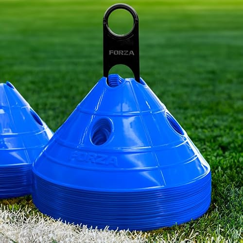 FORZA SuperCone Träningsmarkör kupoler – [välj din flurofärg] | 14 cm x 30 cm (H x B) | Förpackning med 20 sport-/fotbollsträningsutrustning | stora väderbeständiga PVC-koner (elektrisk blå)