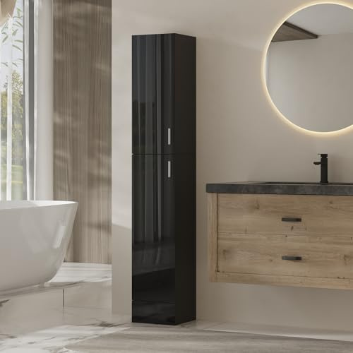Redd Royal 188cm Tall Slim Bathroom Cabinet for Narrow Corner Living Room Kitchen, High Gloss Wood Unit Storage Cupboard with 4 Shelves 2 Doors for Home Office Usage (black high glossing)