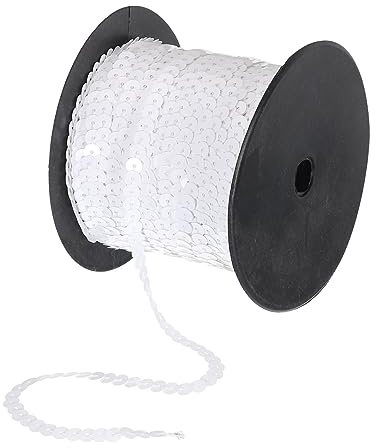 QUARKZMAN 100 Yardas Plana Lentejuelas Tira 6mm Lentejuelas Tela Paillette Lentejuelas Adorno para Manualidades Bricolaje Lentejuelas Flecos Costura Blanco