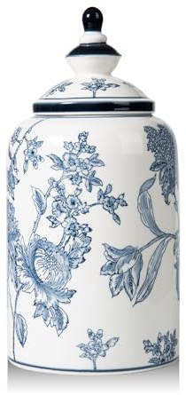 Magclay Blue and White Ginger Jar for Home Decor, Chinoiserie Vase Decor, Ceramic Decorative Jars with Lid, 12x6 Inch, Flowers and Branches