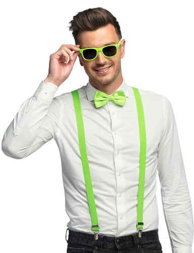 Boland - Costume set 3-pièces, Set d'accessoires avec bretelles, lunettes et noeud papillon, pour festival, JGA, carnaval et fête à thème, Vert Fluo