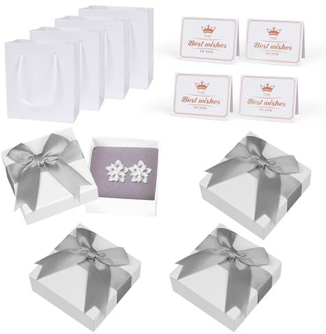 GOTFUN 4 scatole regalo per gioielli, piccole scatole regalo, 7 x 7 x 3,5 cm, con coperchio e biglietti di auguri, piccola scatola regalo per bracciale, anello, collana, orecchino (grigio)