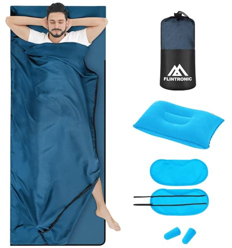 Flintronic Saco de Dormir, 220*90CM, Sábana de Viaje, Sábanas para Sacos de Dormir, con Bolsa de Almacenamiento*1, Máscara para Los Ojos*1, Tapón para Los Oídos*1, Almohada*1, para Montañismo Camping