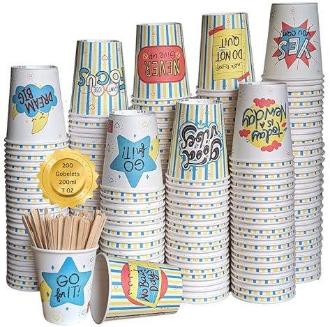 Lot de 200 Gobelets à Café Jetables en Carton de 200 ml Avec Palettes - Pour Thé, Eau, Boissons Chaudes et Froides - À Emporter Avec Message Motivant