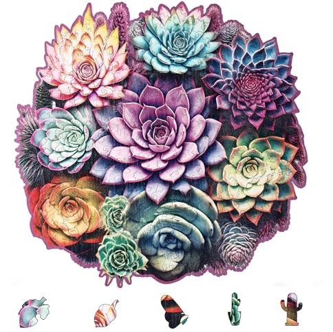 YJacuing Wooden Jigsaw Puzzles for Adults, 300 Piece Unique Plant Shaped Premium 5mm Wood Puzzles Family Game (Succulents, Large)