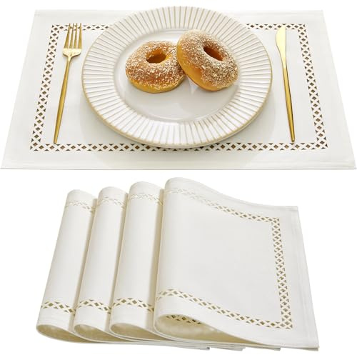 Aoztio Manteles Individuales Estilo Lino Casa Rústica, Juego de 4 Mantelitos 30 x 45 cm, Diseño Geométrico con Agujeros en Look Lino, Lavables para Comidas, Fiestas y Uso Diario - Blanco Hueso