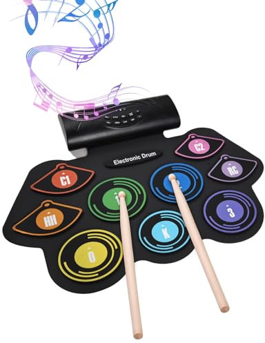 Solinder drum set Elektronisches Schlagzeug-Set, Handroll-Schlagzeug-Set, 9 Pads, integrierter Stereo-Lautsprecher mit Trommelstöcken, Fußpedal, Urlaub, Geburtstag, Geschenk, buntes Übungs-Pad-Schlagz
